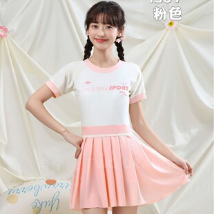 两个橙1589女童泳衣中童学生连体短裤新款夏季玩水保守游泳衣套装