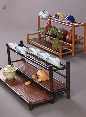 紫砂壶置物展示架竹制三层茶杯架复古双层晾杯托沥水架茶道茶具架