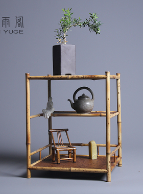 竹制日式双层茶具展示架茶室茶桌面摆件多宝阁茶棚兰花架实木杯架