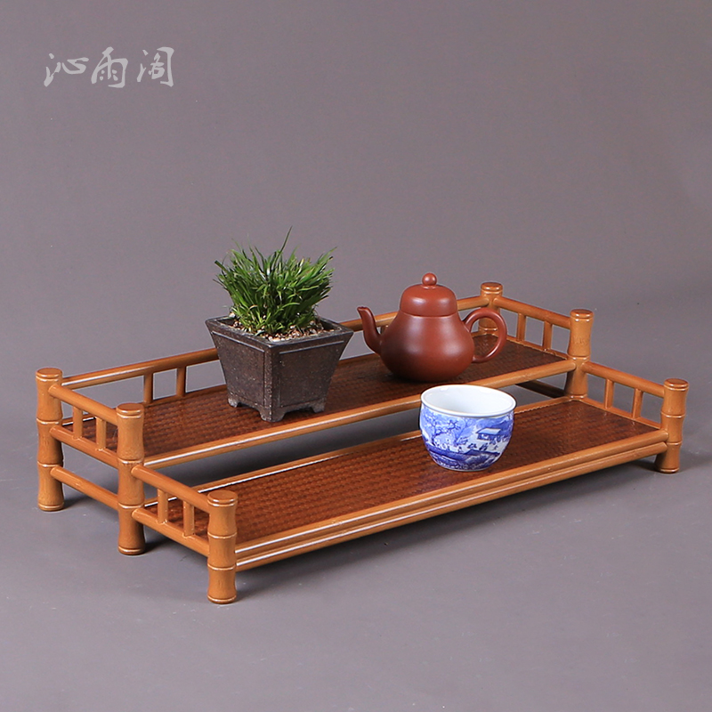 竹制双层加宽茶杯架子茶道复古收纳置物架高密度不开裂茶具零配件
