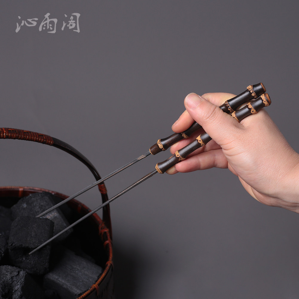 复古竹鞭火箸家用围炉煮茶木碳夹碳火筷子手工大漆火钵钳茶道零配