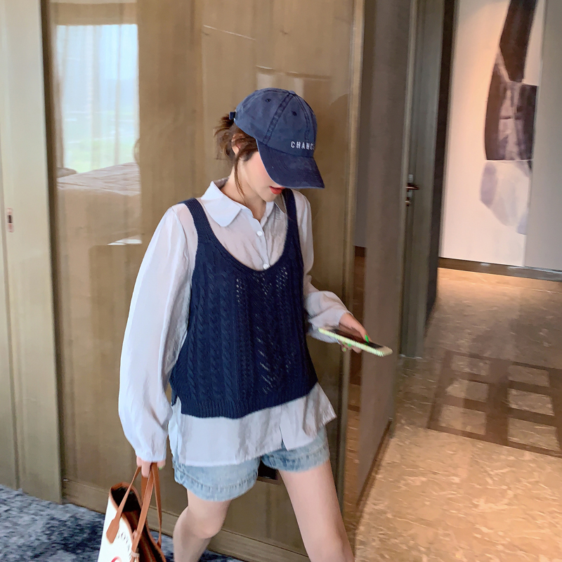 (用5元券)miss阮阮衬衫毛衣马甲两件套女2019春秋新款洋气网红针织背心套装