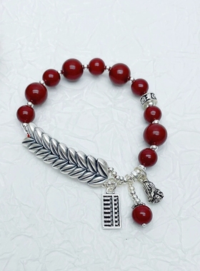 原创设计 925纯银诸事顺心算盘朱砂手串足银大麦吊白菜麦穗手链