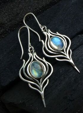 Ethnic Oval Inlaid Imitation Turquoise Earrings Vintage Silv