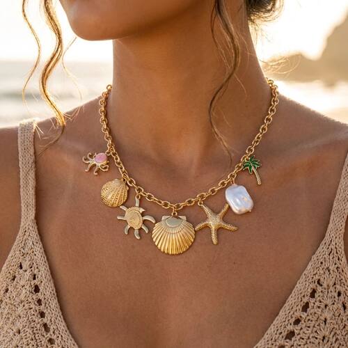 Ocean Series Gold Color Starfish Shell Conch Pendant Necklac