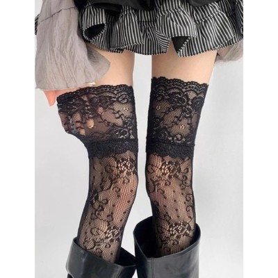 Women's Sexy Lace Trim Nylon Fishnet Stockings Retro Floral