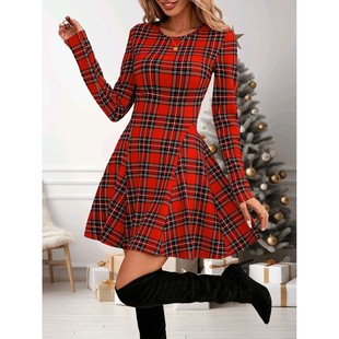 Women's Cute Red Plaid Long Sleeve Dress, Christmas - Vibe S