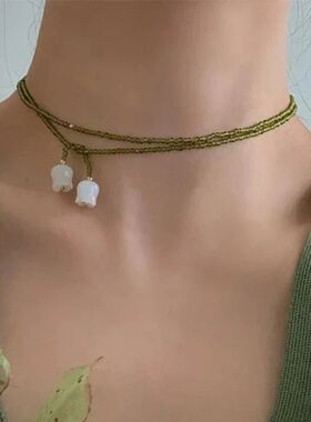 Olive Crystal Beads & White  of the Valley Double Layer Wrap