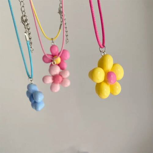 Colorful Five-Petal Flower Acrylic Pendant Necklace, Cute Sw
