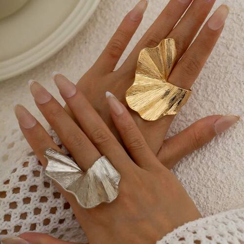 Adjustable Wide Leaf Statement Ring, Gold Alloy Irregular Te