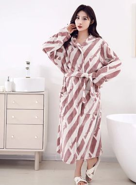 Female Hooded Kimono Bathrobe Gown Winter Thicken Flannel Lo