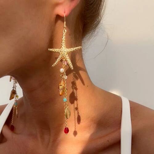 Golden Starfish Long Tassel Drop Earrings, Natural Stone & C