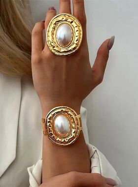 2Pcs/Set Exaggerated Imitation Pearl Cuff Bangles for Women