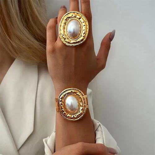 2Pcs/Set Exaggerated Imitation Pearl Cuff Bangles for Women