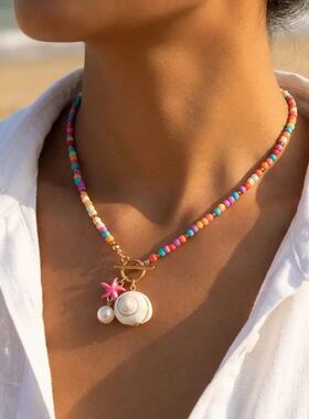 Bohemian Starfish Conch Pendant Necklace with OT Buckle Colo