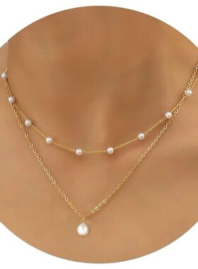 Gold Pearl Necklace for Women K Gold Plated Layered Pearl Ne