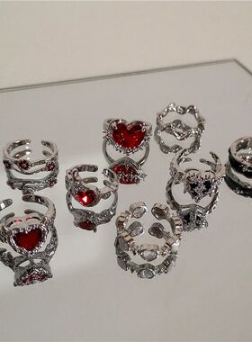 Kpop Fashion Punk Red Crystal Heart Irregular Open Metal Rin