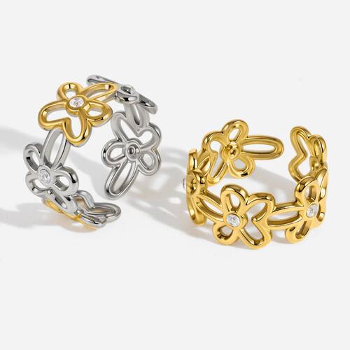 Stainless Steel Hollow Flower Zircon Open Ring for Women Gir