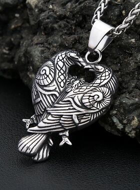 Nordic Viking Stainless Steel Odin Double Raven Pendant Neck