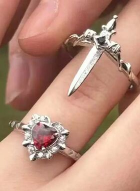2Pcs/Set Red Heart and Sword Couple Rings Sparkling Zircon C