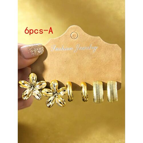 6pcs Assorted Flower Hoop Earring Set For Women Daily Wear F