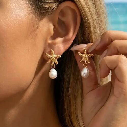 Bohemia Metal Shell Starfish Pearl Drop Earrings For Women G