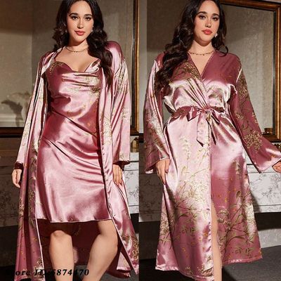 Big Size 5XL Twinset Robe Set Female Long Bathrobe Nightgown