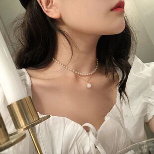 Double Layer Imitation Pearl Choker Necklace for Women, Gold
