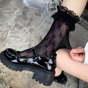 Print Soc Socks Lace Out Hollow Bow Sexy Women Fishnet Nylon
