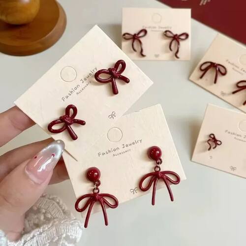 Retro Style Red Bowknot Stud Earrings for Women Girls Simple