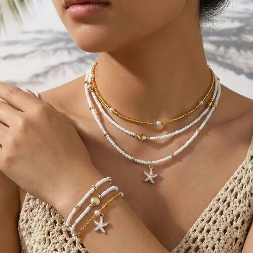 Boho Multilayer Starfish Shell Rice Beads Jewelry Set for Wo