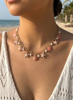 Boho Starfish Scallop Conch Pendant Necklace for Women Elega