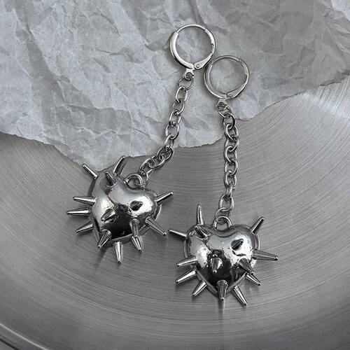 Y2K Punk Spiked Heart Dangle Hoop Earrings, Silver Metal Cha