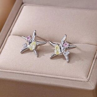 Water Drop Zircon Starfish Stud Earings for Women Men Silver