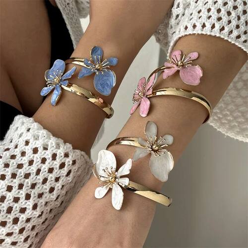 Elegant Enamel Flower Open Cuff Bracelet For Women Gold Plat