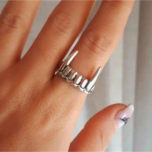 Antique Vampire Teeth Silver Color Open Ring for Women Men R