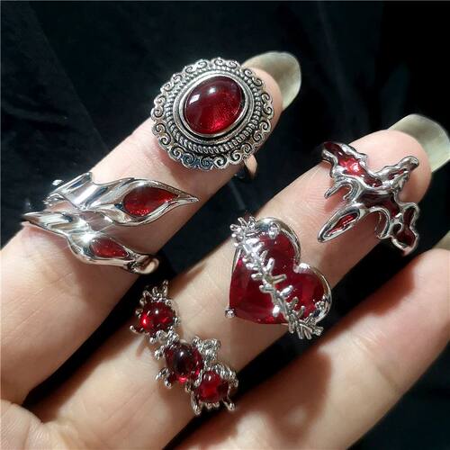 Y2K Red Crystal Heart Cross Irregular Geometry Open Rings Fo