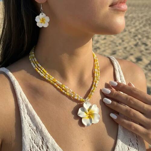 Bohemian Big Flower Rice Beads Jewelry Set for Women Red Yel