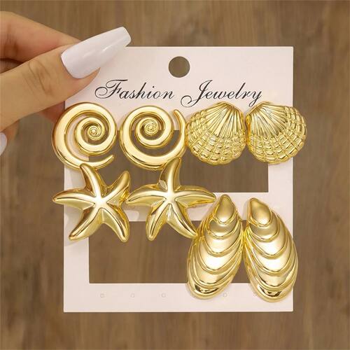 Vintage Gold Color Textured Starfish Shell Heart Stud Earrin