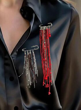 Retro Long Tassel Chain Red Crystal Bead Brooch for Women Me