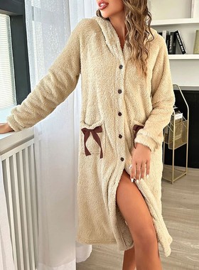 Women Gown Robe Buttons Bow Pockets Winter Warm Flannel Hood