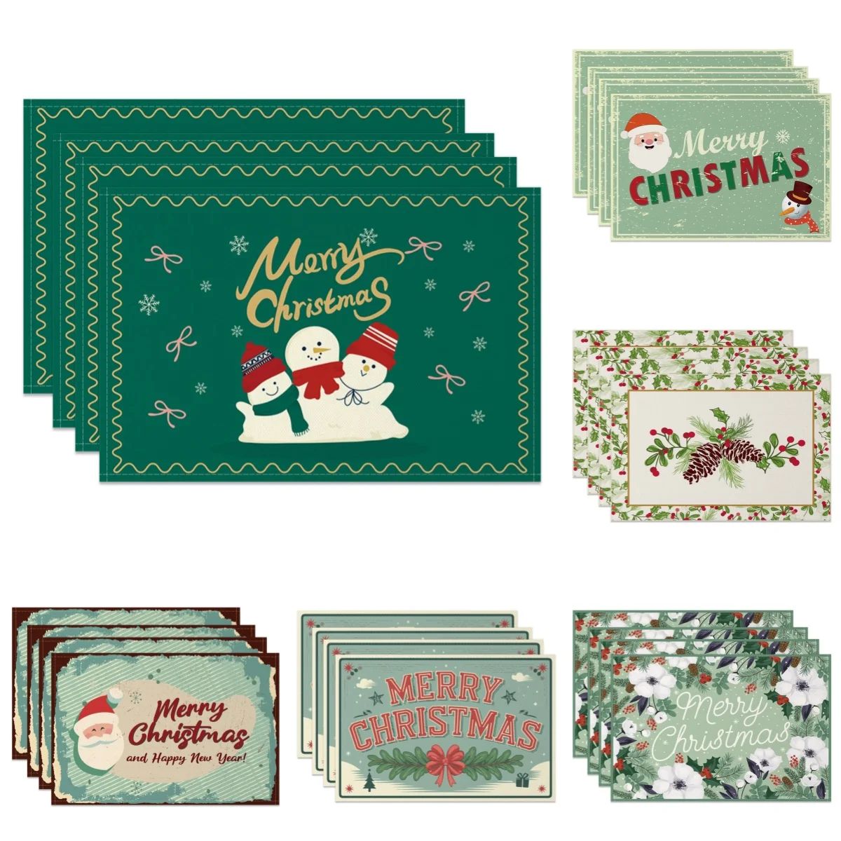 4pc/set 2025 Christmas Placemats Snowman Santa Pinecone Gree