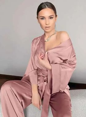 PLUS SIZE Loose Satin Sleepwear Spring Summer Female 2PCS Pa