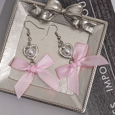 Romantic Pink Ribbon Bow Heart Pearl Charm Earrings Sweet Lo