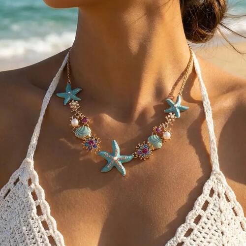 Boho Starfish Shell Pearl Metal Chain Necklace For Women Col