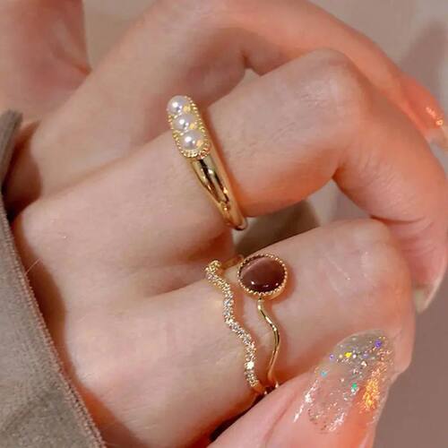 1/2Pc Retro Shiny Zircon Ring Women Cat's Eye Stone Double L