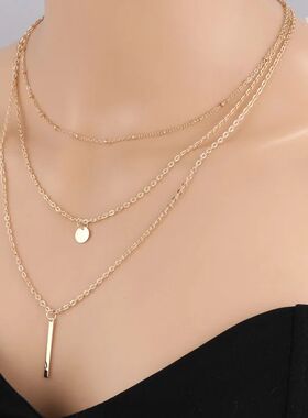 New Women Fashion Gold Color 3 Layers Chain Necklace Hollow