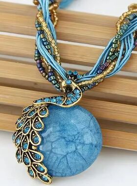 Elegant Vintage Fringed Tassel Pendant Necklace Peacock Desi