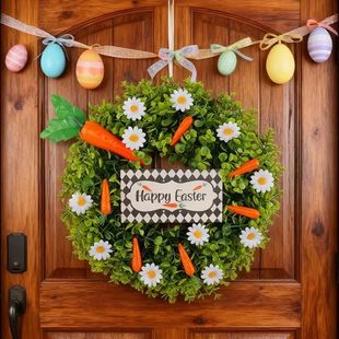 Happy Easter Wreath with Daisies Carrots Leaves Spring Home