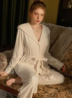 Women's Velour Pajamas Set Sexy Hooded Bathrobe Kimono Gown